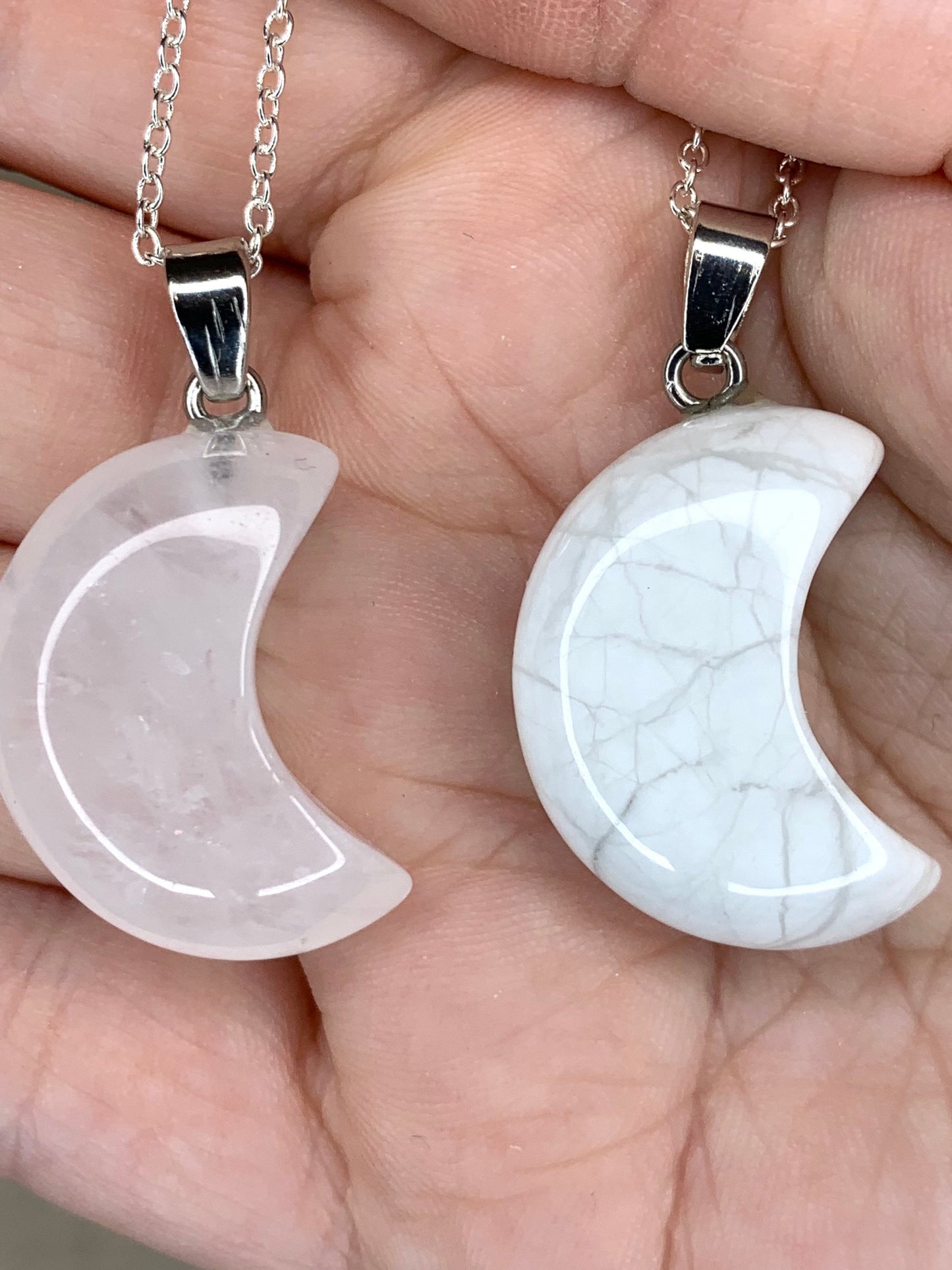 Crystal Moons Necklaces! Howlite and Clear Quartz on Silver Chain