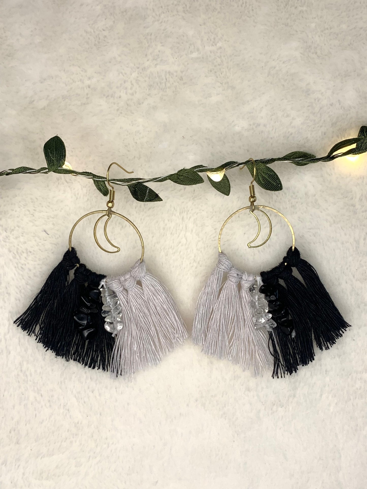 Handmade Black and White Moon Hoop Earrings With Obsidian and Clear Quartz