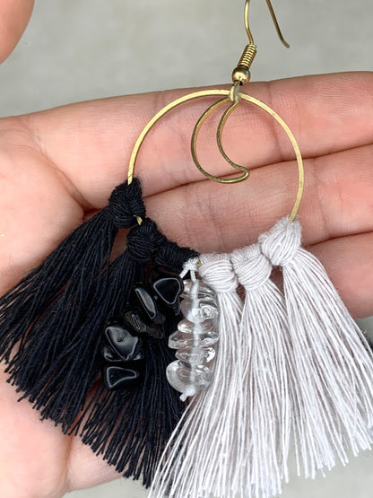 Handmade Black and White Moon Hoop Earrings With Obsidian and Clear Quartz