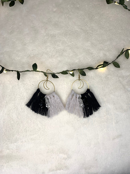 Handmade Black and White Moon Hoop Earrings With Obsidian and Clear Quartz