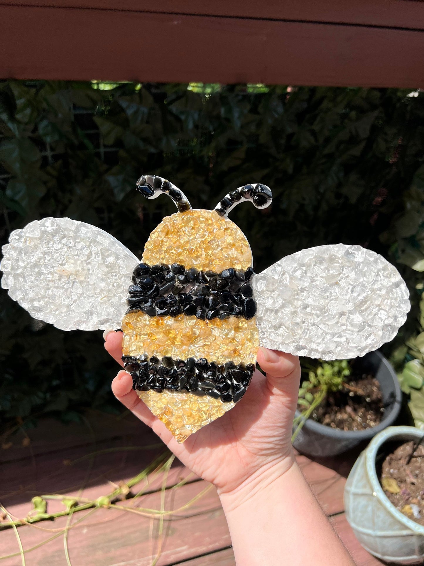 Crystal Bumblebee Wooden Wall Hanging, Obsidian, Clear Quartz, Citrine